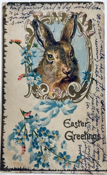 画像1: Postcard　アンティークポストカード　イースター 　ウサギと忘れな草のお花　 (1)