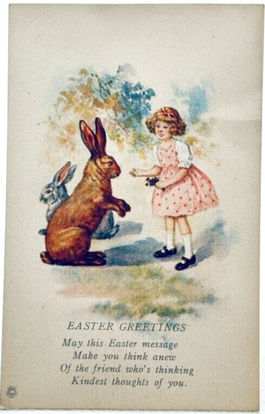 画像1: Postcard　アンティークポストカード　イースター 　ウサギと女の子　（未使用） (1)