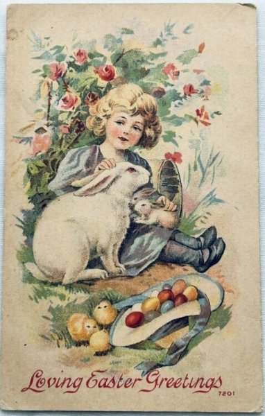 画像1: Postcard　アンティークポストカード　イースター 　女の子とウサギとヒヨコ　卵 (1)