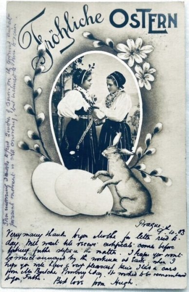 画像1: Postcard　アンティークポストカード　イースター 　民族衣装の少女たちとウサギと卵　オーストリア1903年 (1)