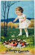画像1: Postcard　アンティークポストカード　イースター 　女の子と子ウサギと卵　（未使用） (1)