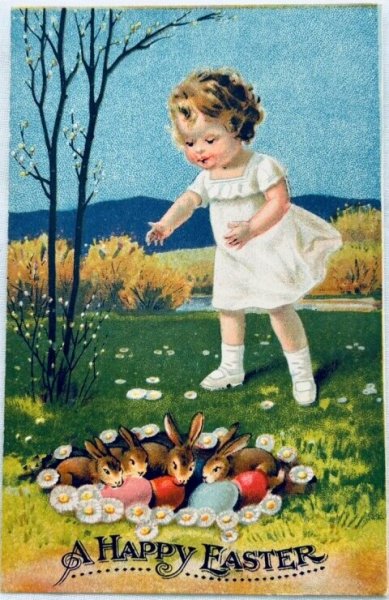 画像1: Postcard　アンティークポストカード　イースター 　女の子と子ウサギと卵　（未使用） (1)