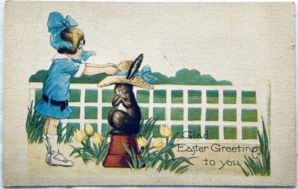 画像1: Postcard　アンティークポストカード　イースター 　ウサギに帽子をかぶせる女の子　（未使用） (1)