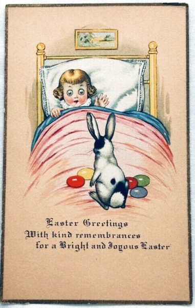 画像1: Postcard　アンティークポストカード　イースター 　ベッドの上のウサギに驚く子ども　卵　（未使用） (1)