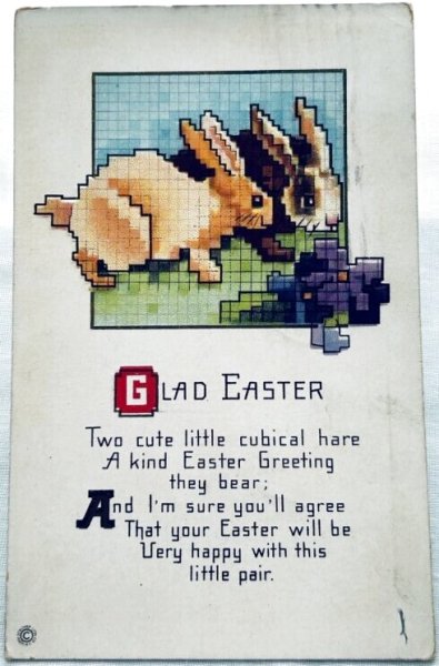 画像1: Postcard　アンティークポストカード　イースター 　ウサギとスミレのお花　クロスステッチ風 (1)