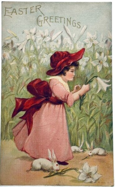 画像1: Postcard　アンティークポストカード　イースター 　白百合のお花と女の子　ウサギ　（未使用） (1)