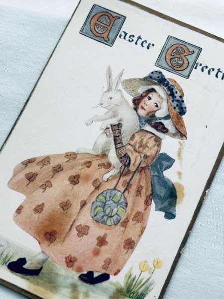 画像2: Postcard アンティークポストカード イースター  ウサギを抱える女の子 アメリカ1917年 (2)