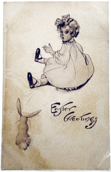 画像1: Postcard　アンティークポストカード　イースター 　ウサギに驚く女の子　アメリカ1908年 (1)