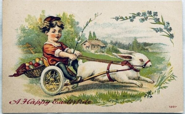 画像1: Postcard　アンティークポストカード　イースター 　ウサギ車に乗る子ども　アメリカ1911年 (1)