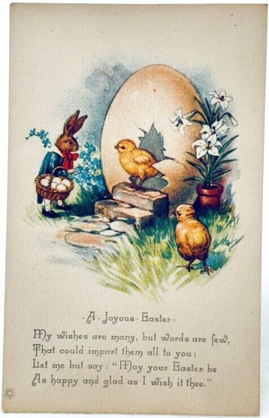 画像1: Postcard　アンティークポストカード　イースター 　ヒヨコさんの卵のお家を訪問するウサギさん　（未使用） (1)