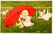 画像1: Postcard　アンティークポストカード　イースター　赤い傘と女の子　お人形　アヒル　ガチョウ　Marie Flatscher (1)