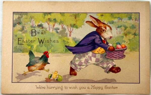 画像1: Postcard　アンティークポストカード　イースター 　卵を盗んで逃げるウサギを追いかけるニワトリ　（未使用） (1)