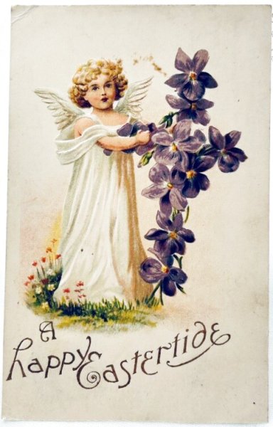 画像1: Postcard　アンティークポストカード　イースター　天使　十字架　スミレのお花 (1)