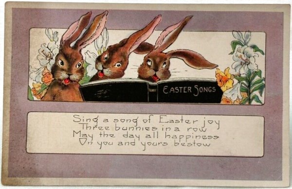 画像1: Postcard　アンティークポストカード　イースター 　歌う３羽のウサギさん　白百合　スイセン (1)