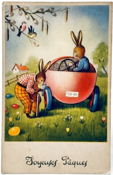 画像1: Postcard　アンティークポストカード　イースター 　卵の自動車に乗るウサギさん　ベルギー (1)