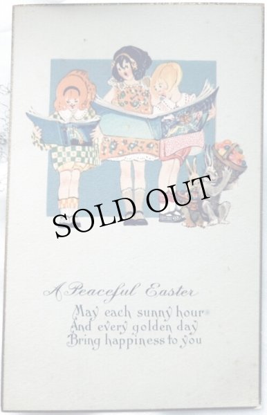 画像1: Postcard　アンティークポストカード　イースター　歌う女の子たち　卵とウサギさん　（未使用） (1)