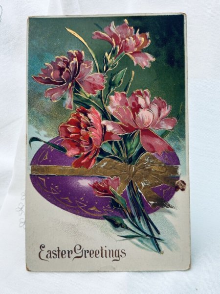 画像1: Postcard　アンティークポストカード　イースター　カーネーションのお花と卵  US Scott #401 (1)