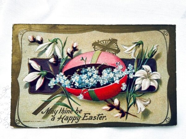 画像1: Postcard　アンティークポストカード　イースター　忘れな草のお花のと卵　白百合　スノードロップ (1)