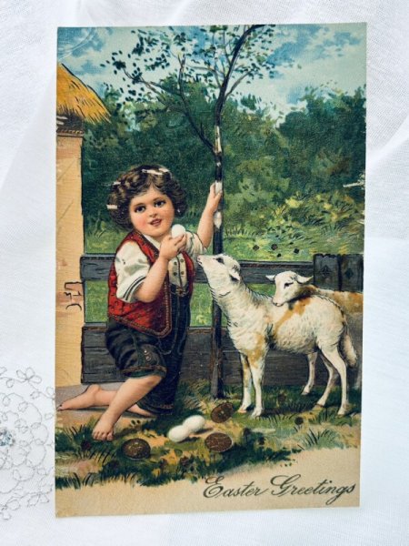 画像1: Postcard　アンティークポストカード　イースター　羊と男の子　卵 (1)