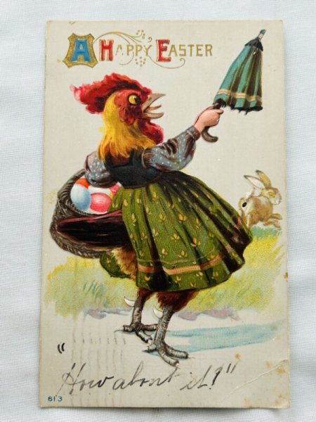 画像1: Postcard　アンティークポストカード　イースター　ウサギを追い払うニワトリのお母さん (1)