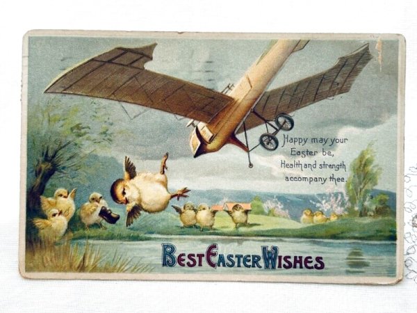 画像1: Postcard　アンティークポストカード　イースター　飛行機から落ちるヒヨコ　Ellen Clapsaddle (1)