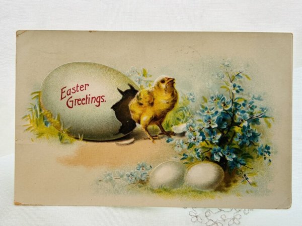 画像1: Postcard　アンティークポストカード　イースター　ヒヨコと忘れな草のお花　卵 (1)