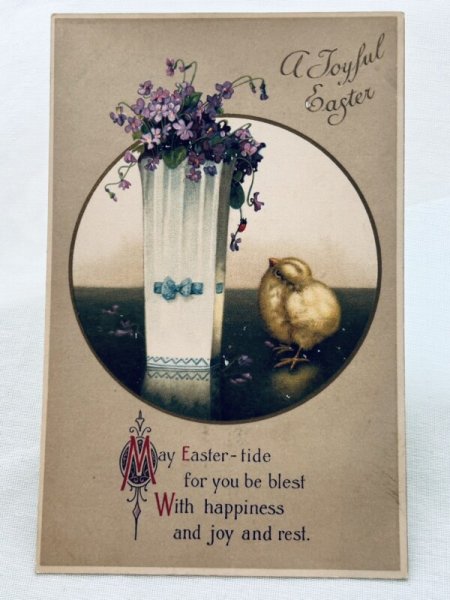画像1: Postcard　アンティークポストカード　イースター　ヒヨコとスミレのお花の花瓶 (1)