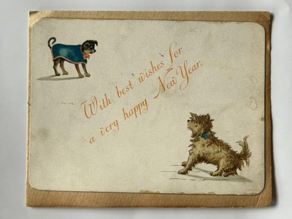 画像1: Greeting card　アンティークグリーティングカード　新年祝い　New Year 2匹の犬 (1)