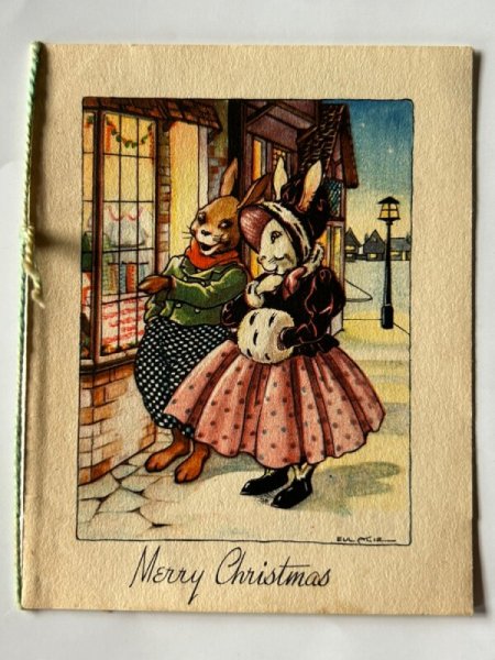 画像1: Greeting card　アンティークグリーティングカード　クリスマス　ウサギさんのお買い物 (1)