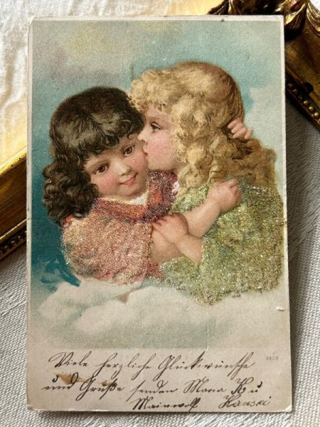 画像2: Postcard アンティークポストカード  仲良しの女の子 キス ドイツ1901年 (2)