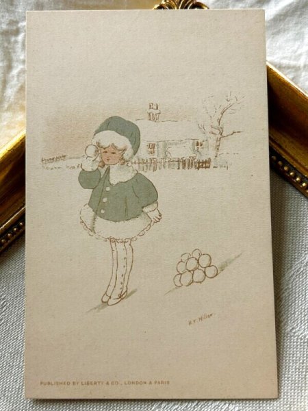 画像2: Postcard アンティークポストカード 雪玉と女の子 H.T.Miller (未使用) (2)