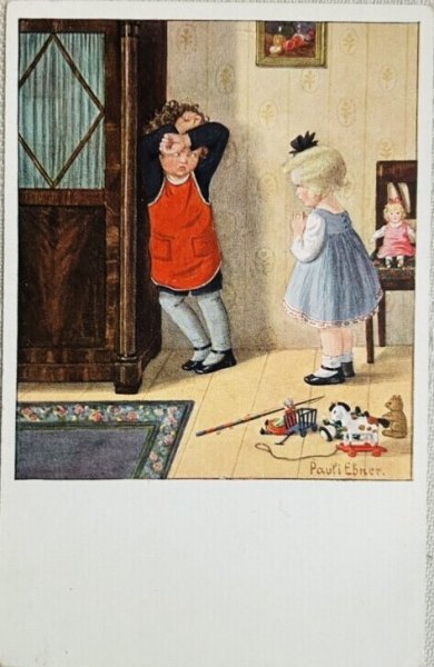 画像1: Postcard　アンティークポストカード　男の子を追い詰める女の子　Pauli Ebner　（未使用） (1)
