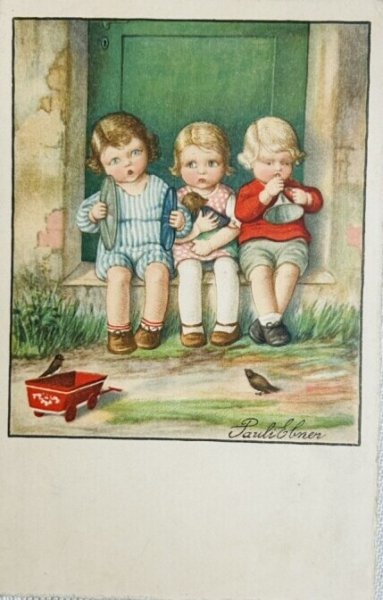 画像1: Postcard　アンティークポストカード　3人の子どもたち　シンバル　お人形　ラッパ　小鳥　Pauli Ebner (1)