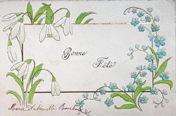 画像1: Postcard　アンティークポストカード　スノードロップと忘れな草のお花　フランス1905年 (1)