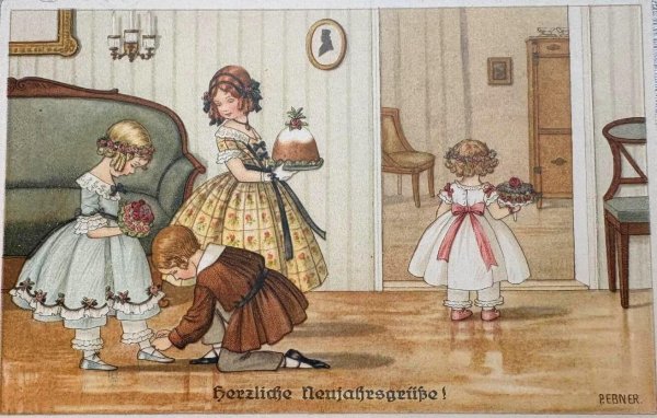 画像1: Postcard　アンティークポストカード　パーティに招かれた子どもたち　Pauli Ebner　（未使用） (1)
