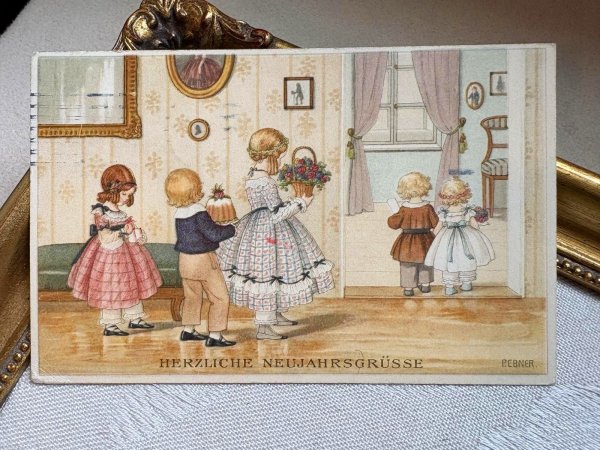画像2: Postcard　アンティークポストカード　パーティに招かれた子どもたち　Pauli Ebner　チェコスロバキア (2)