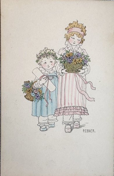 画像1: Postcard　アンティークポストカード　お花かごと女の子　Pauli Ebner　（未使用） (1)