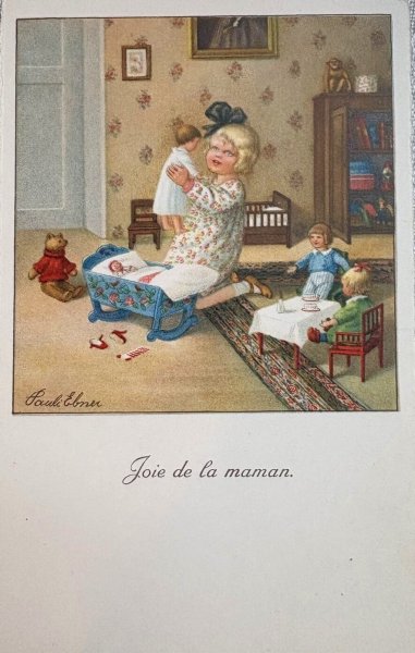 画像1: Postcard　アンティークポストカード　お人形さん遊びをする女の子　テディベア　Pauli Ebner　（未使用） (1)