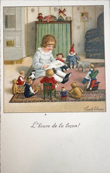 画像1: Postcard　アンティークポストカード　お人形さん遊びをする女の子　テディベア　Pauli Ebner　（未使用） (1)