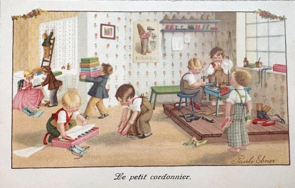 画像1: Postcard　アンティークポストカード　靴屋さん　小さな靴職人　Pauli Ebner　1941年 (1)