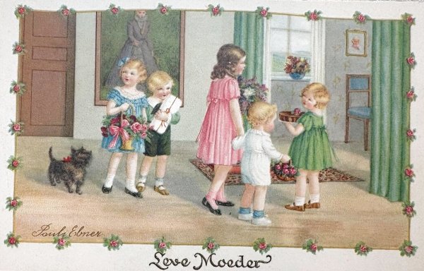 画像1: Postcard　アンティークポストカード　パーティに招かれた子どもたち　テリア犬　Pauli Ebner　ドイツ (1)