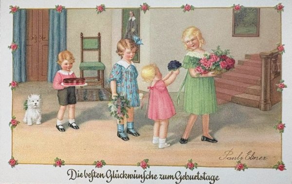画像1: Postcard　アンティークポストカード　パーティに招かれた子どもたち　テリア犬　ウェスティ　Pauli Ebner　（未使用） (1)