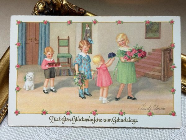 画像2: Postcard　アンティークポストカード　パーティに招かれた子どもたち　テリア犬　ウェスティ　Pauli Ebner　（未使用） (2)