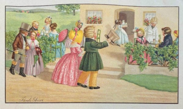 画像1: Postcard　アンティークポストカード　ガーデンパーティ　ティータイム　　Pauli Ebner　オランダ1937年 (1)