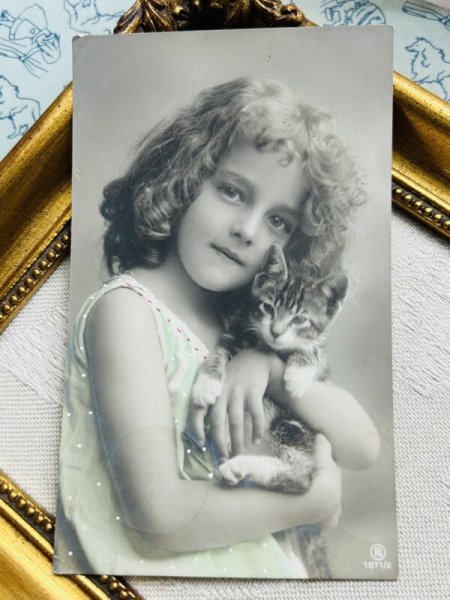 画像2: Postcard    アンティークポストカード　子猫と女の子　写真　 Grete Reinwald  ドイツ1909年 (2)