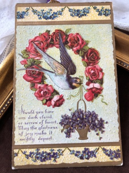 画像3: Postcard　薔薇のお花の馬蹄とツバメ　アメリカ1910年 (3)