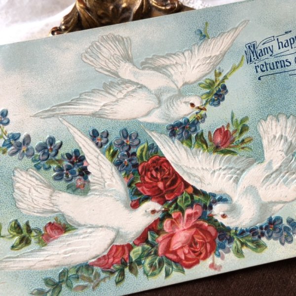 画像1: Postcard　白い鳩と薔薇のお花 (1)