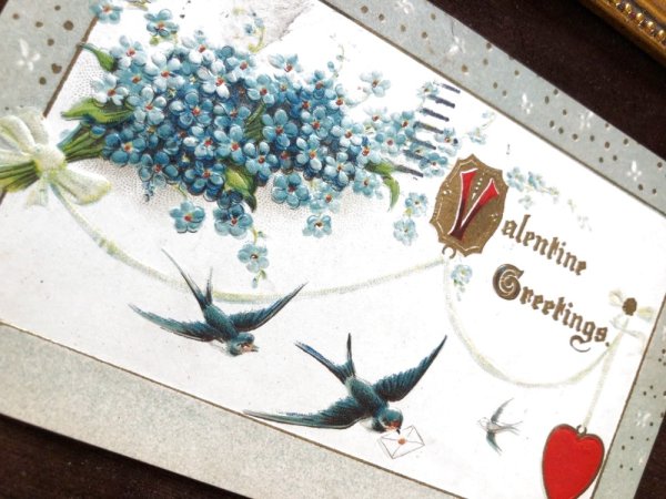 画像2: Postcard バレンタイン 手紙を運ぶツバメ ハート アメリカ1912年 (2)