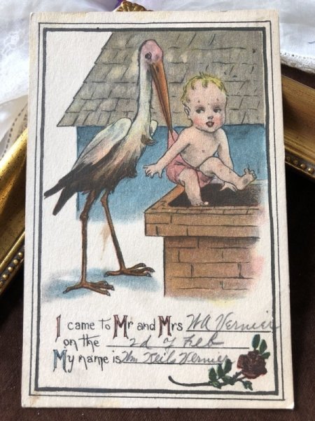 画像2: Postcard コウノトリが運んできた赤ちゃん アメリカ1914年 (2)