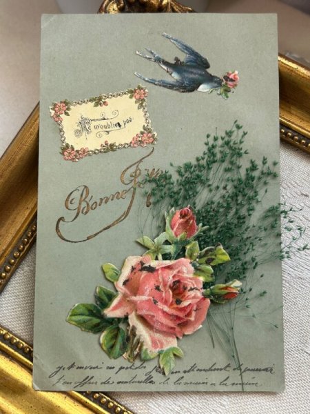 画像2: Postcard アンティークポストカード ツバメ 薔薇の花 クロモス (2)